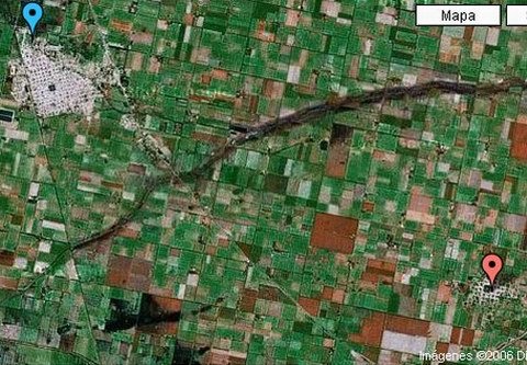 Sunchales y Ataliva, uno en cada extremo de la imagen de Google Earth