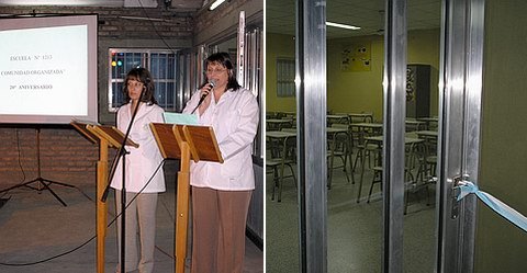 Directivos del establecimiento y una de las aulas inauguradas.