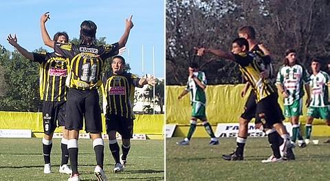 Festejos por dos. Quiroga levanta los brazos al convertir el primero. Cejas señala, dedicando el penal del dos a cero.