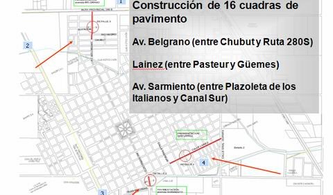 Plano con el detalle en rojo de los sectores a pavimentar.