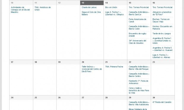 La grilla de Eventos que se ofrece en la sección especial (clic para ampliar).