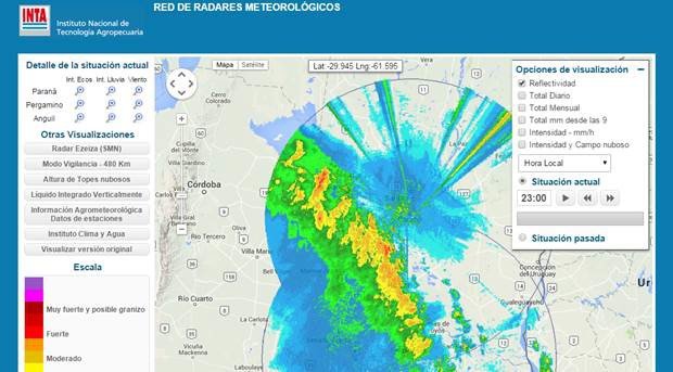 El Radar del Inta anticipa el avance del frente de tormenta a la hora 23, ya llegando a Rafaela.